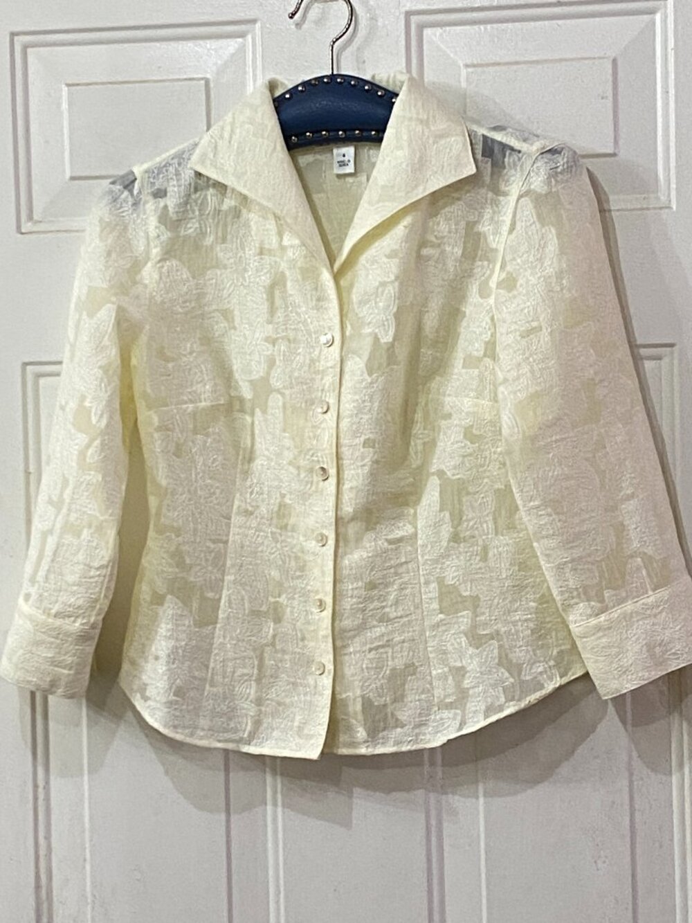Talbots Pet Sz 4 Blouse Shirt Ivory Embroidered Floral 3/4 Sleeve Linen/N